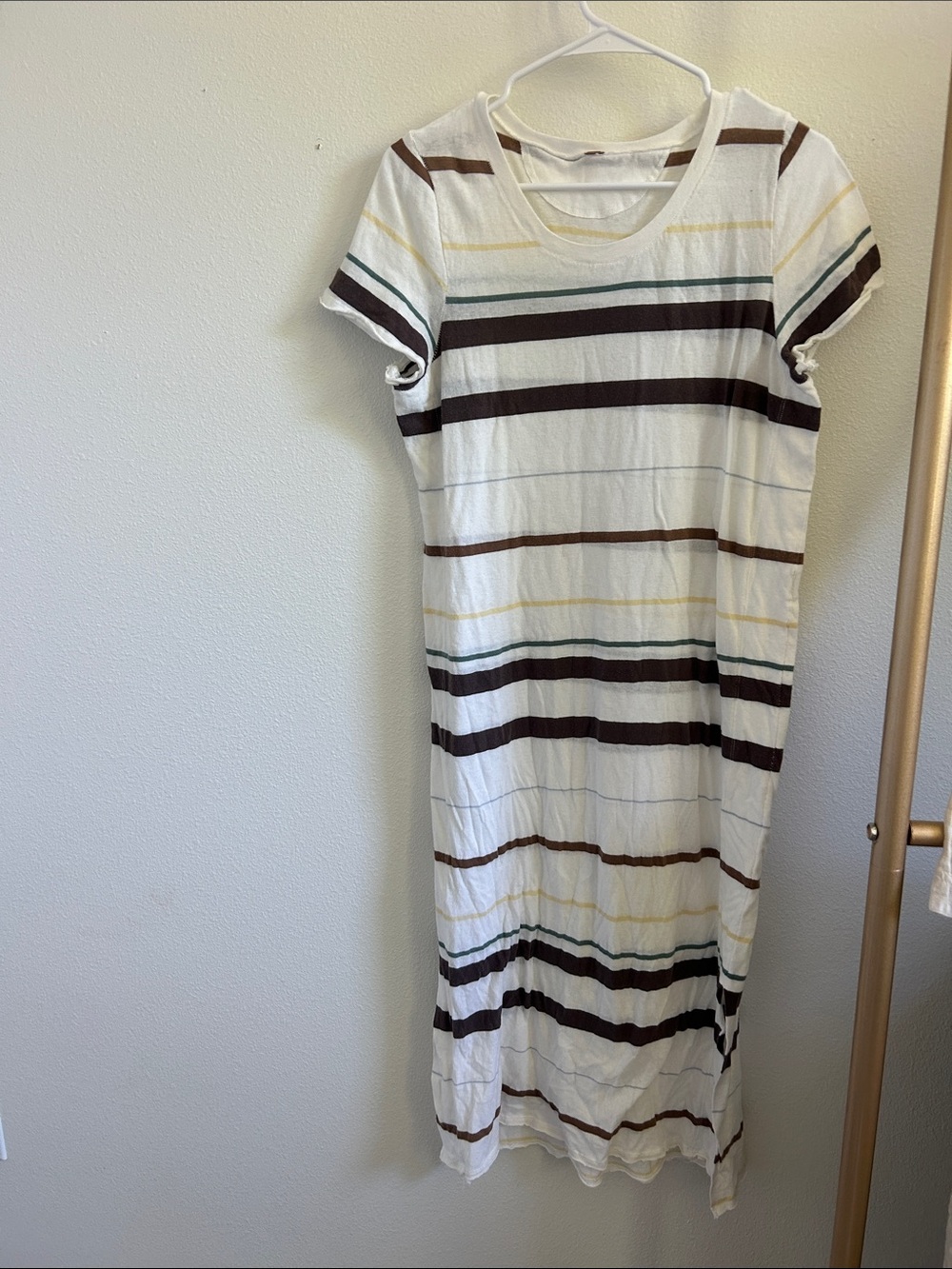 Free People Striped Short Sleeve Maxi Dress in White, Brown, Green, Yellow